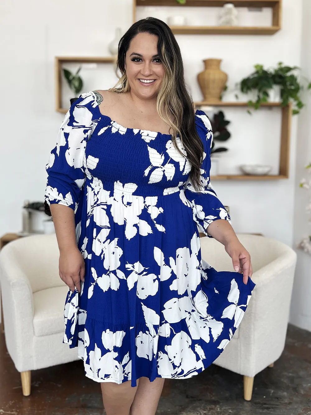 Full Size Floral Ruffle Hem Smocked Dress with Pockets, image 17
