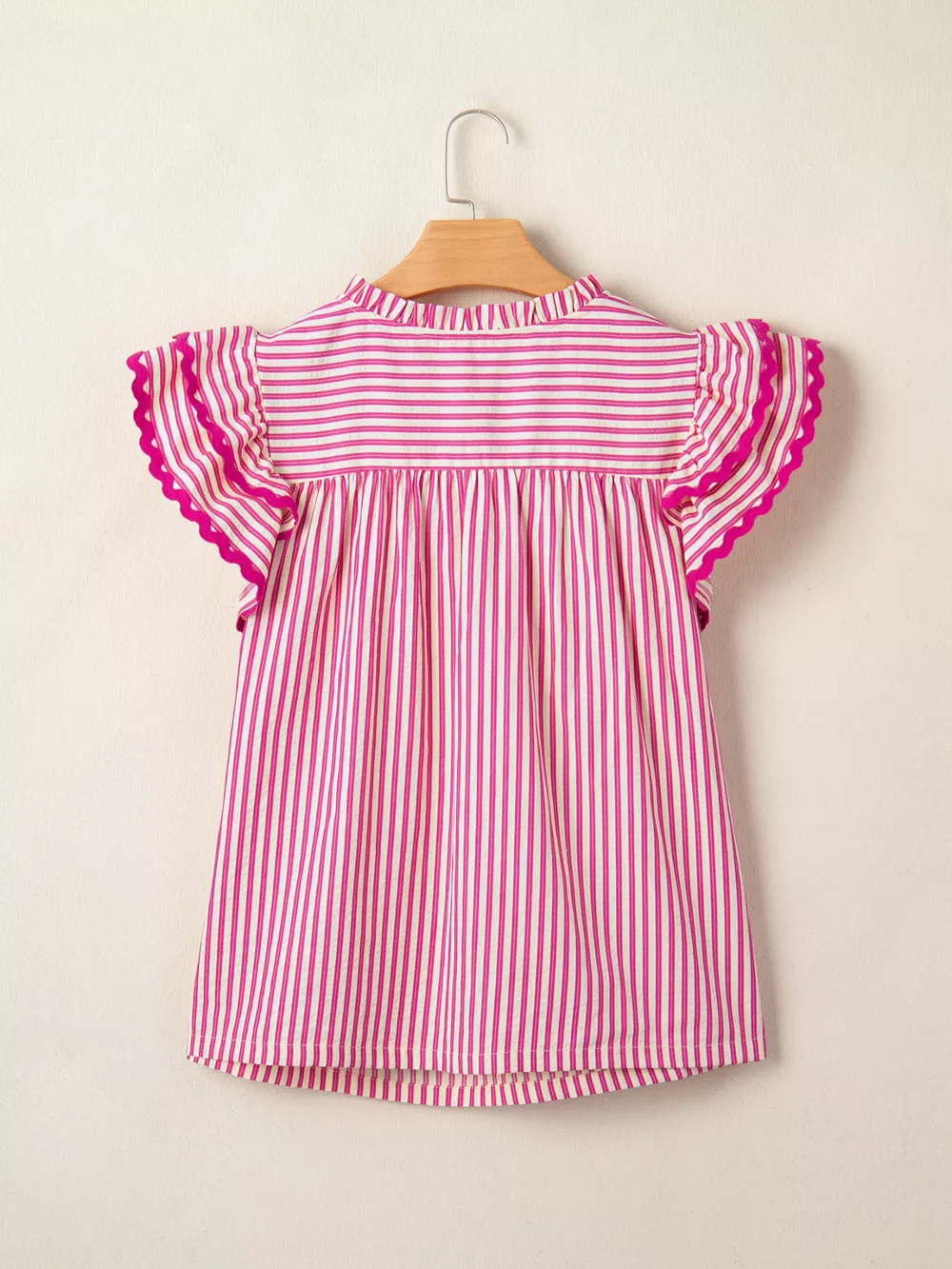 Stripe Shirred Yoke Ruffled Short Sleeve Blouse, image 8