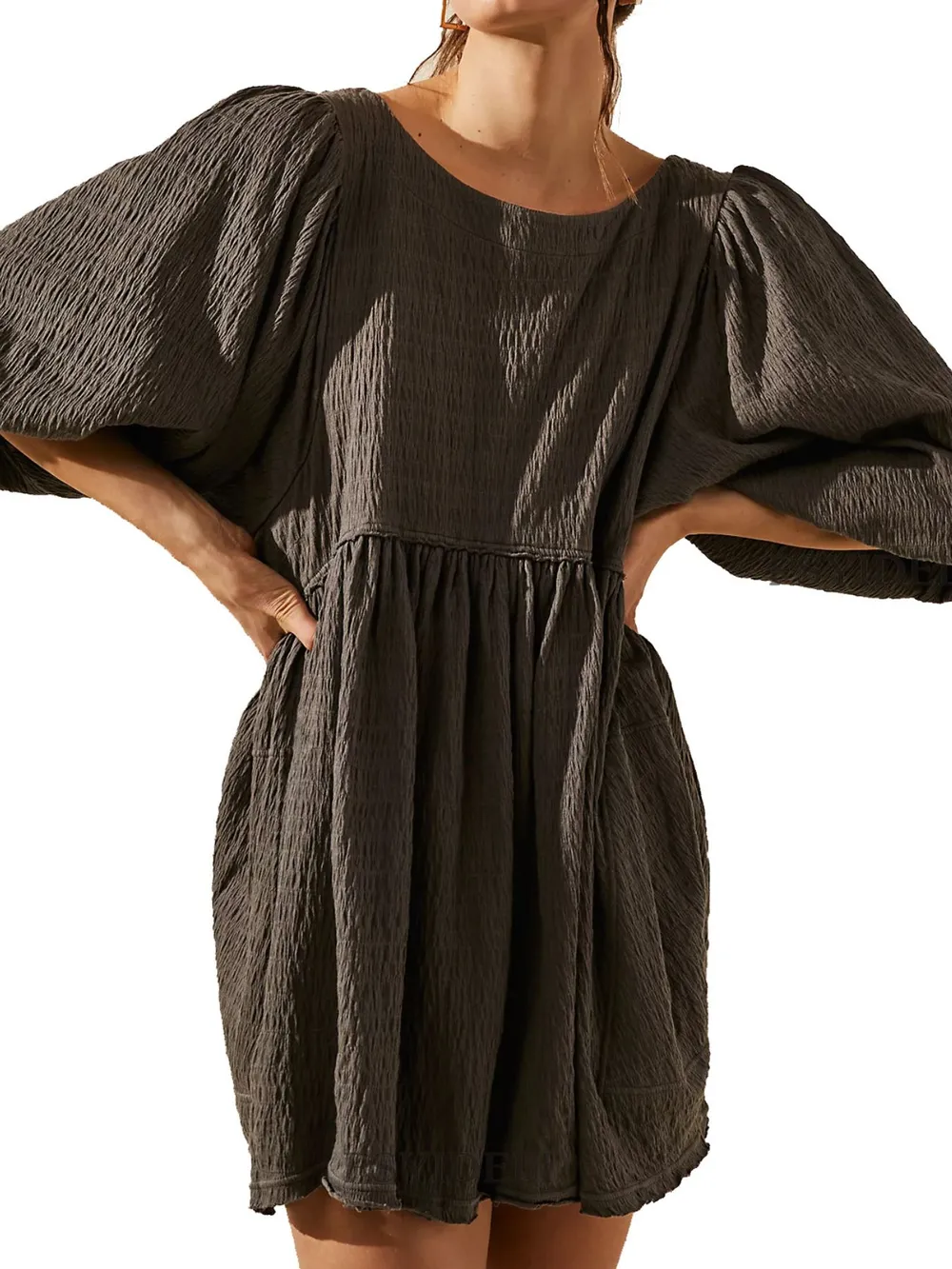 Relaxed Textured Babydoll Mini Dress with Back Keyhole Detail, image 11