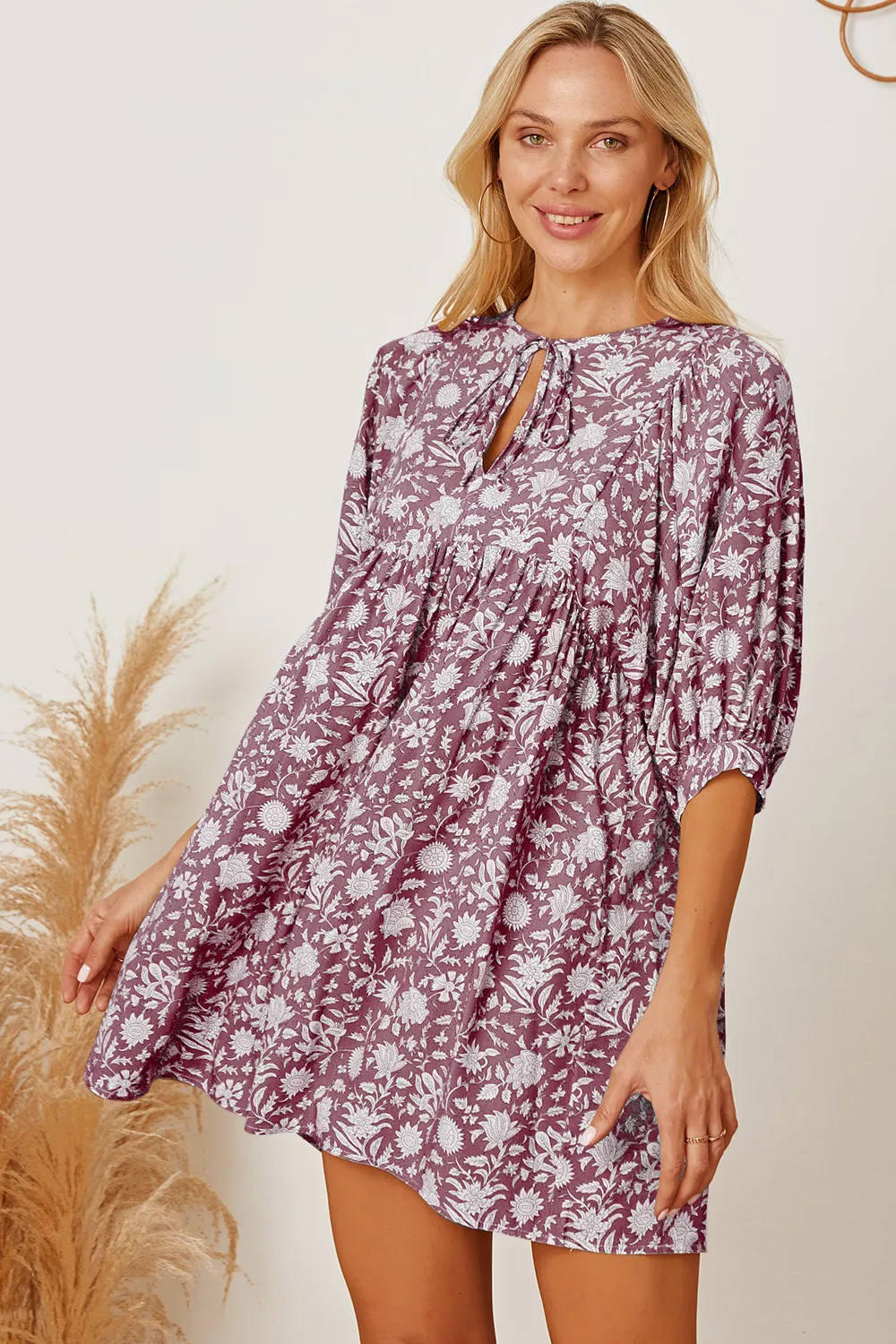 Floral Tie Neck Ruched Babydoll Dress, image 13