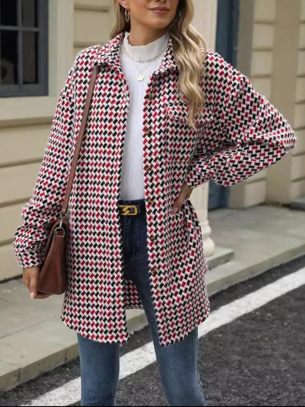 Houndstooth Button Up Long Sleeve Coat, image 9