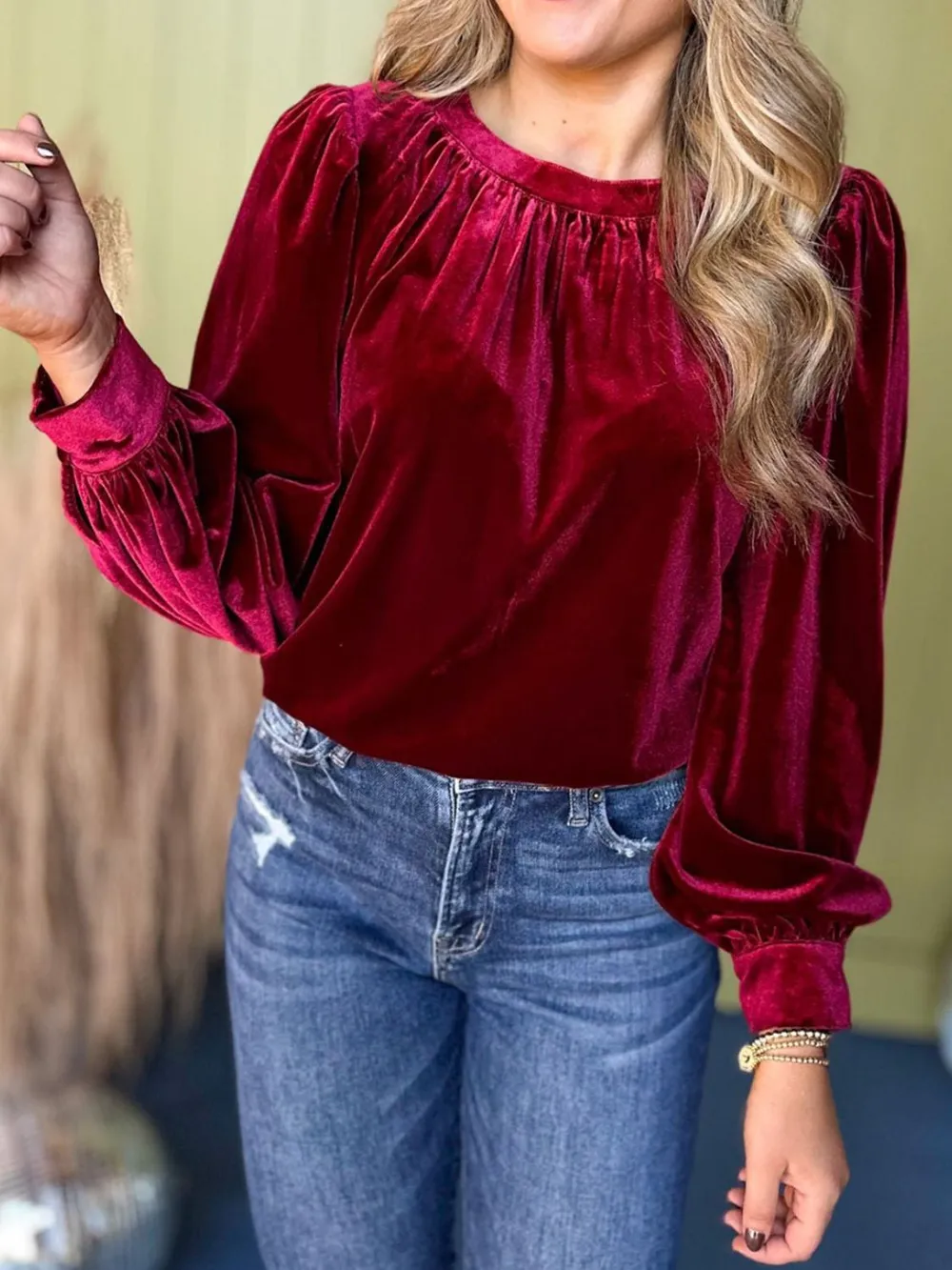 Ruched Round Neck Long Sleeve Blouse, image 6