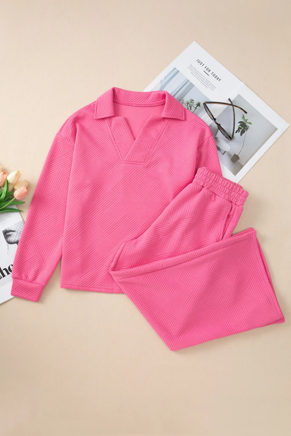 Textured Long Sleeve Top and Drawstring Pants Set, image 11
