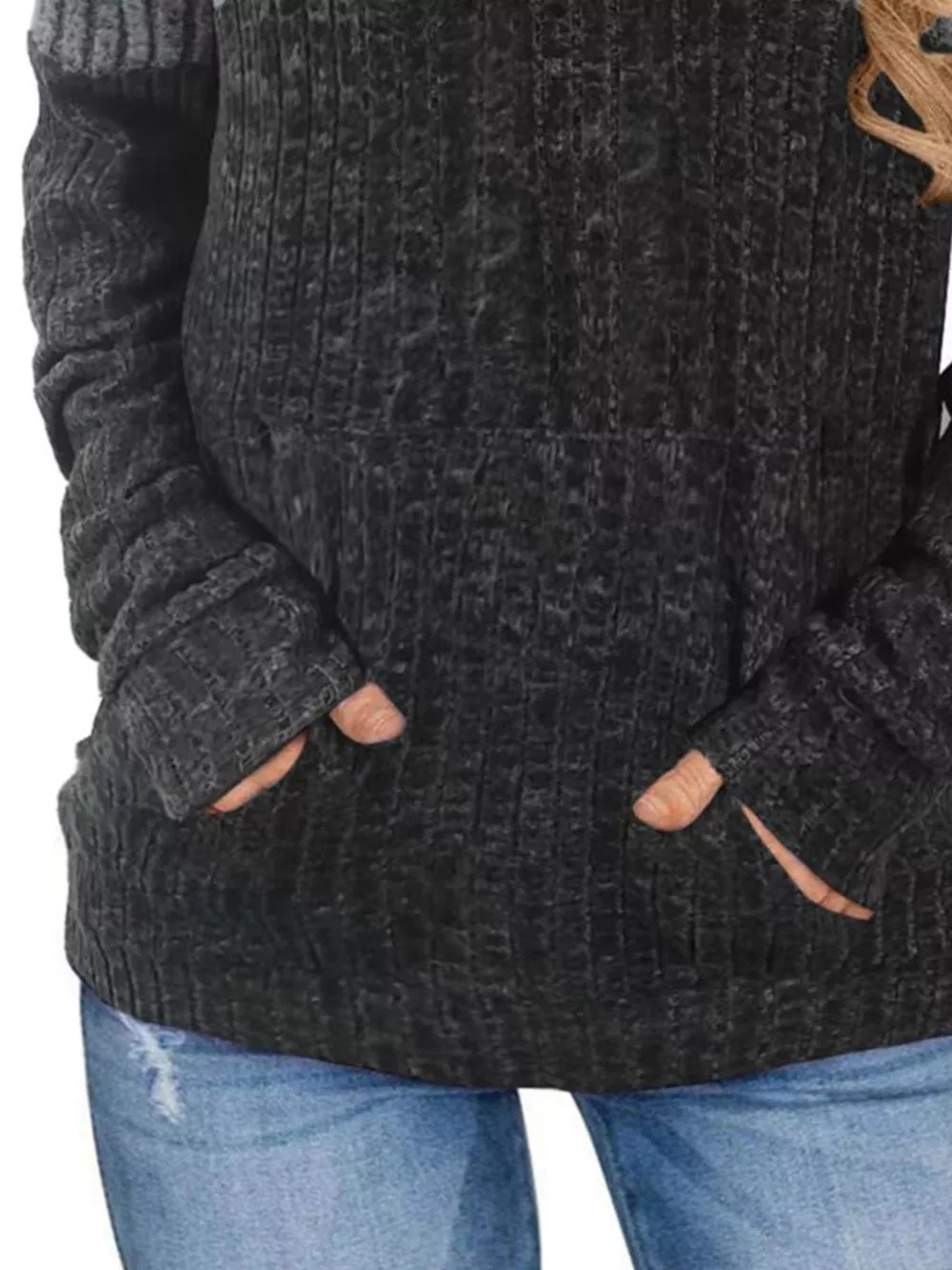 Full Size Color Block Ribbed Knit Hoodie Plus Size, image 4
