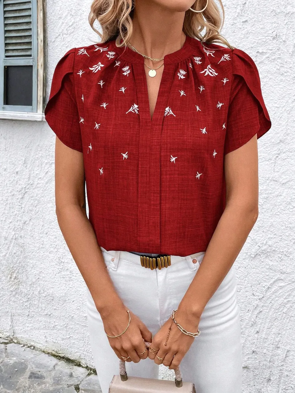 Floral Notched Short Sleeve Blouse, image 21