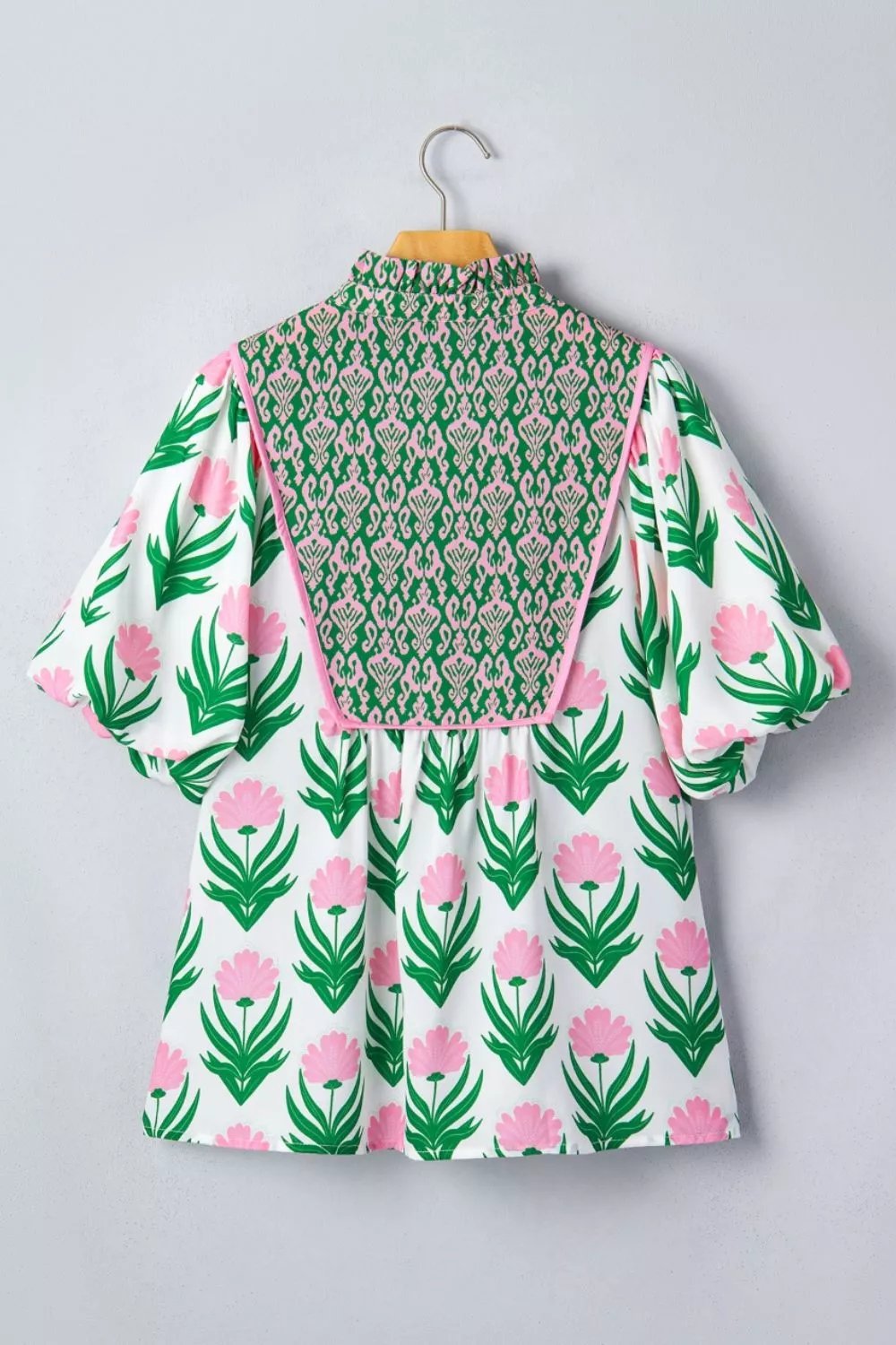 Multicolour Floral Print Puff Sleeve Contrast Bordered V Neck Blouse, image 5