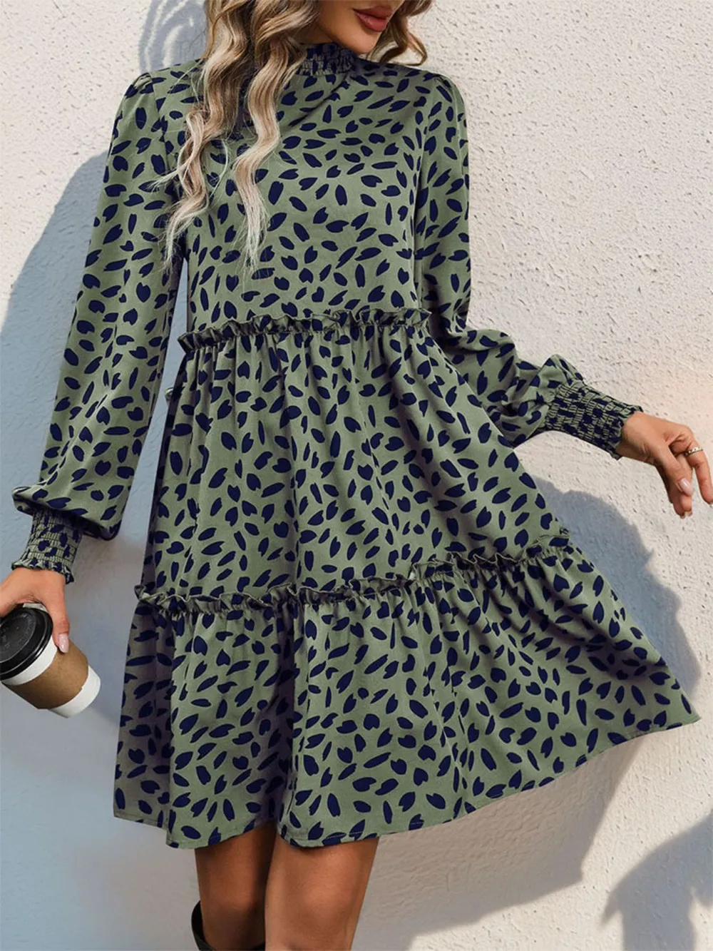 Frill Printed Mock Neck Long Sleeve Mini Dress, image 13