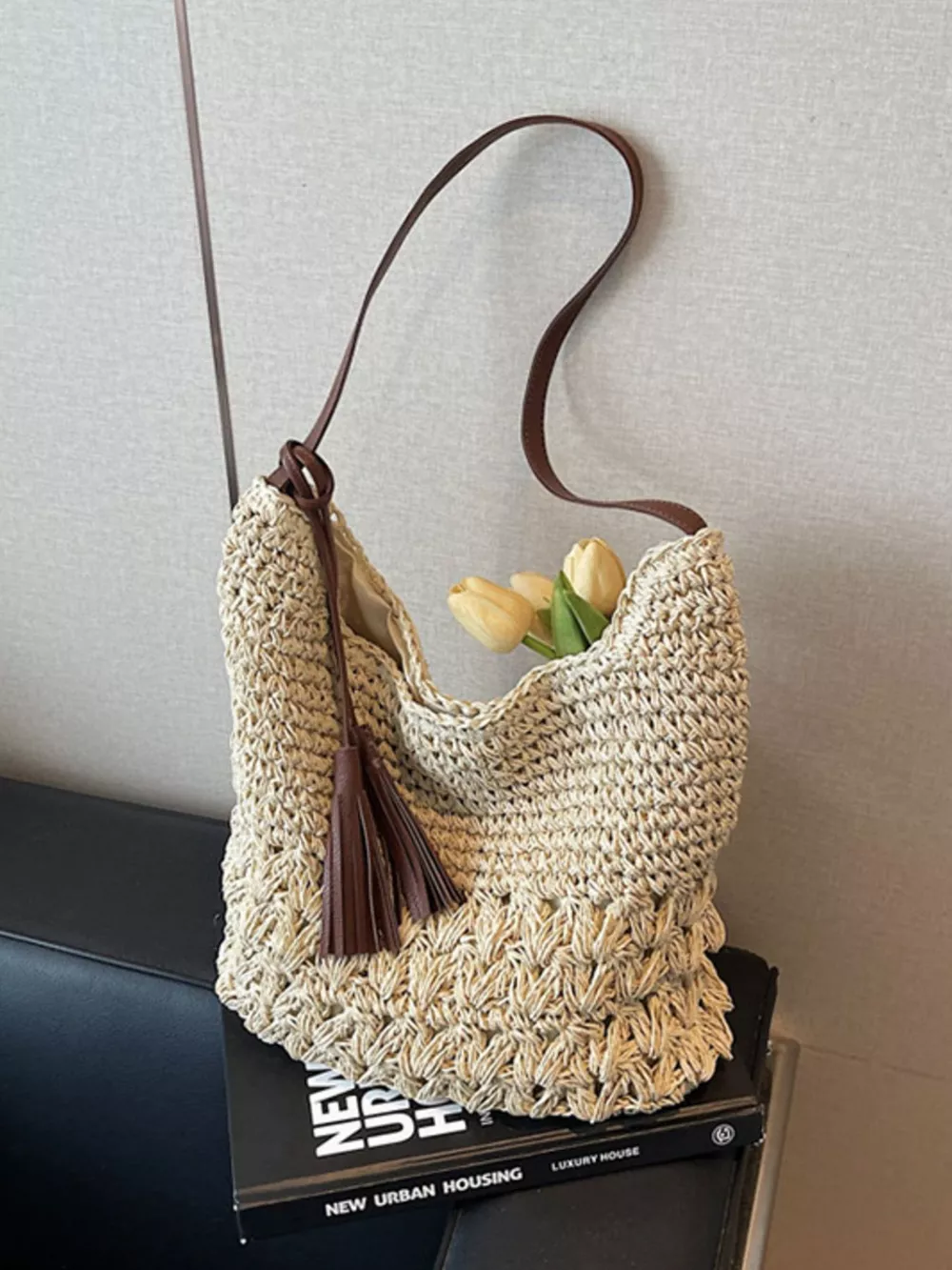 Woven Straw Shoulder Bag with Tassels, image 4