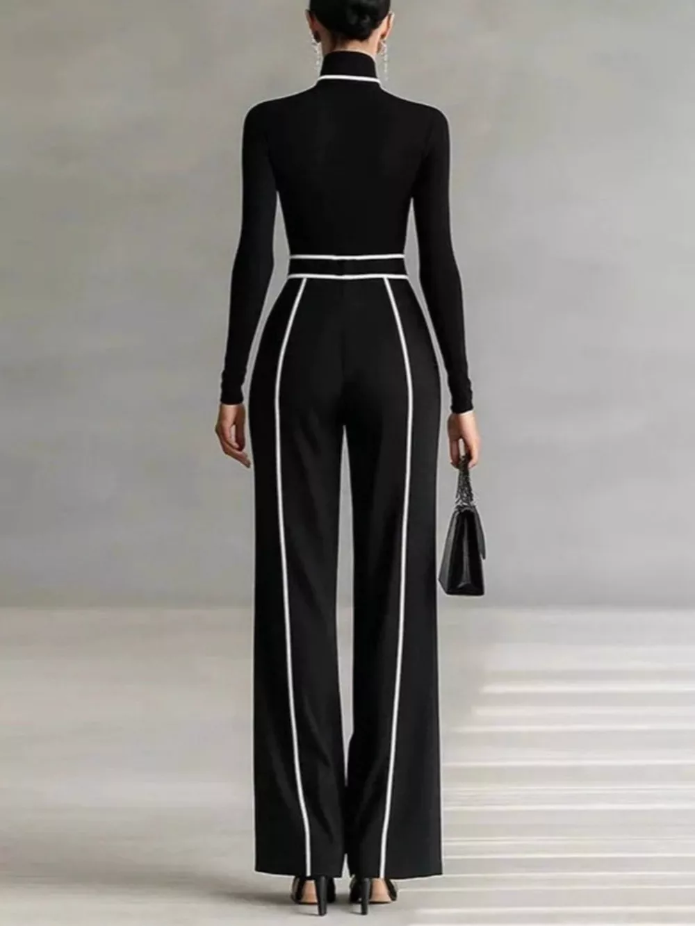 Turtleneck Long Sleeve Top and Contrast Pants Set, image 2