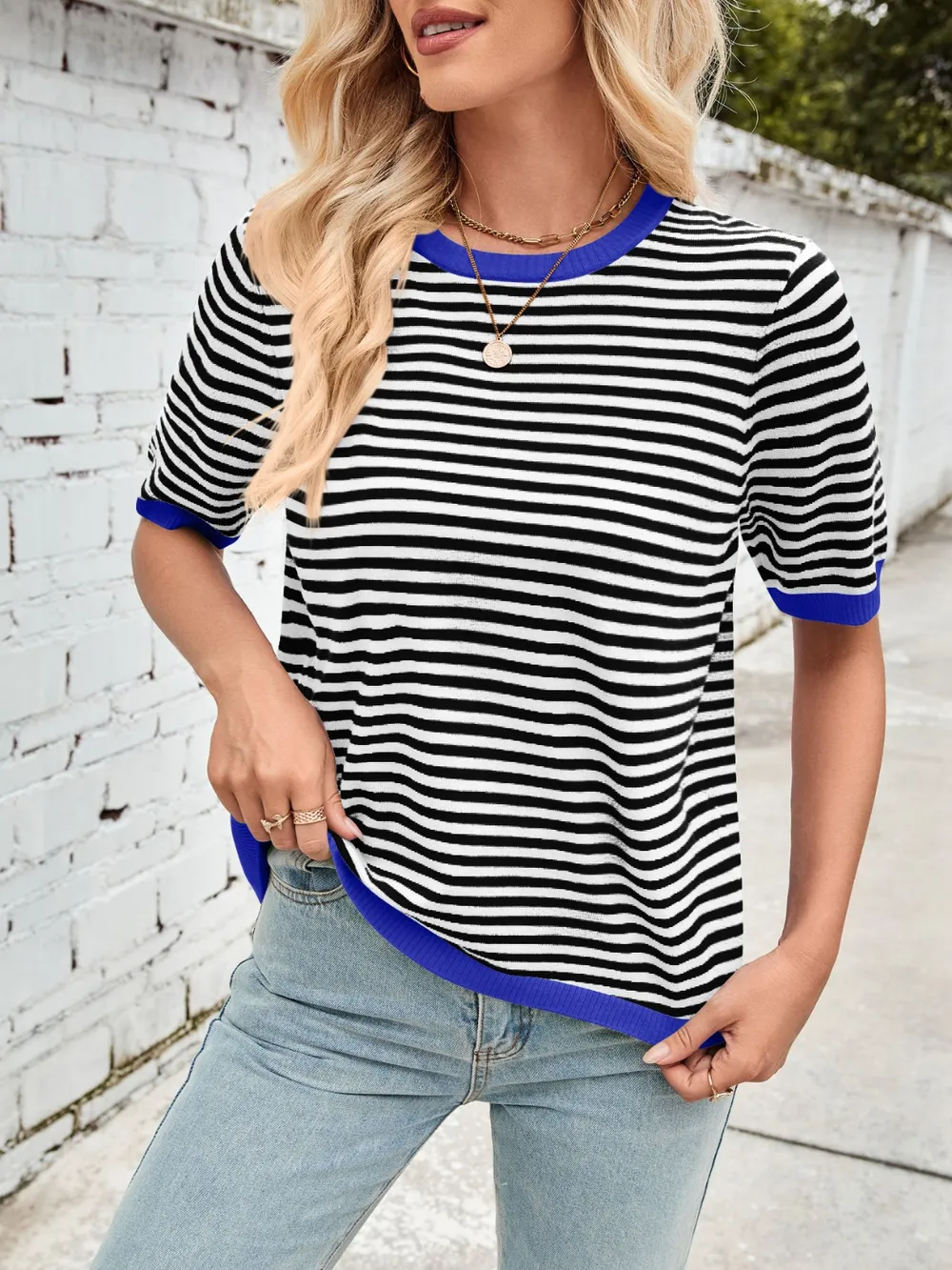 Striped Contrast Round Neck Half Sleeve Knit Top, image 16