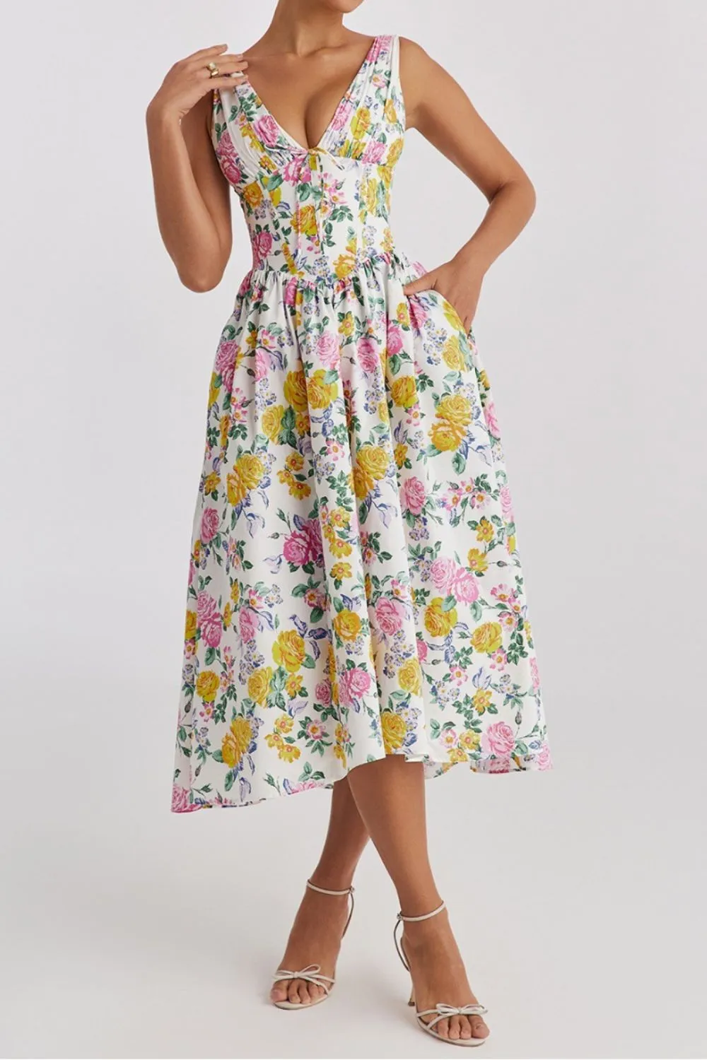Floral V-Neck Sleeveless Midi Dress with Pockets, image 12