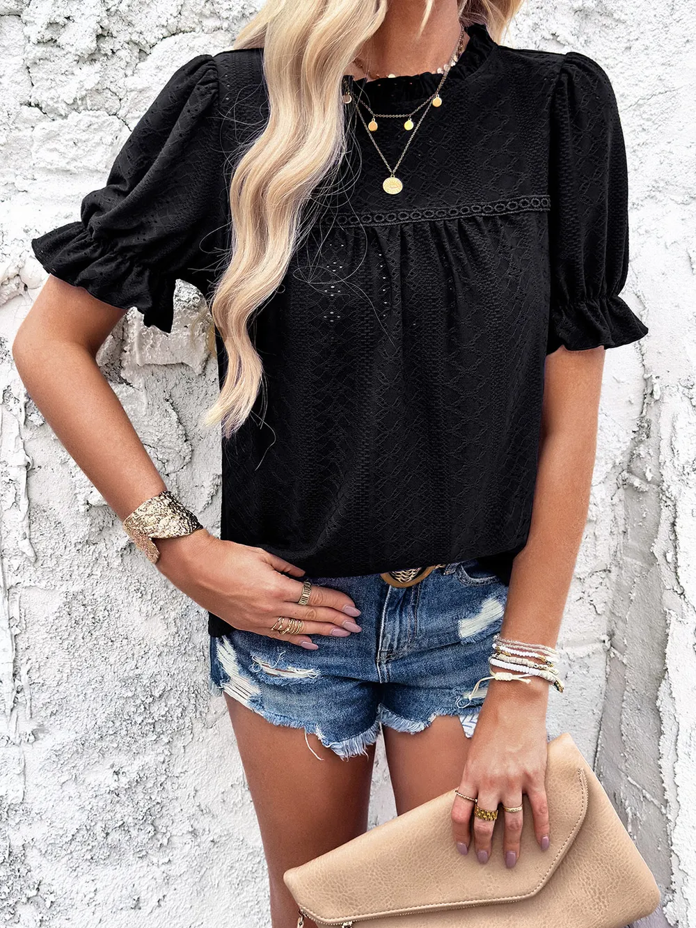 Eyelet Mock Neck Flounce Sleeve Blouse, image 9