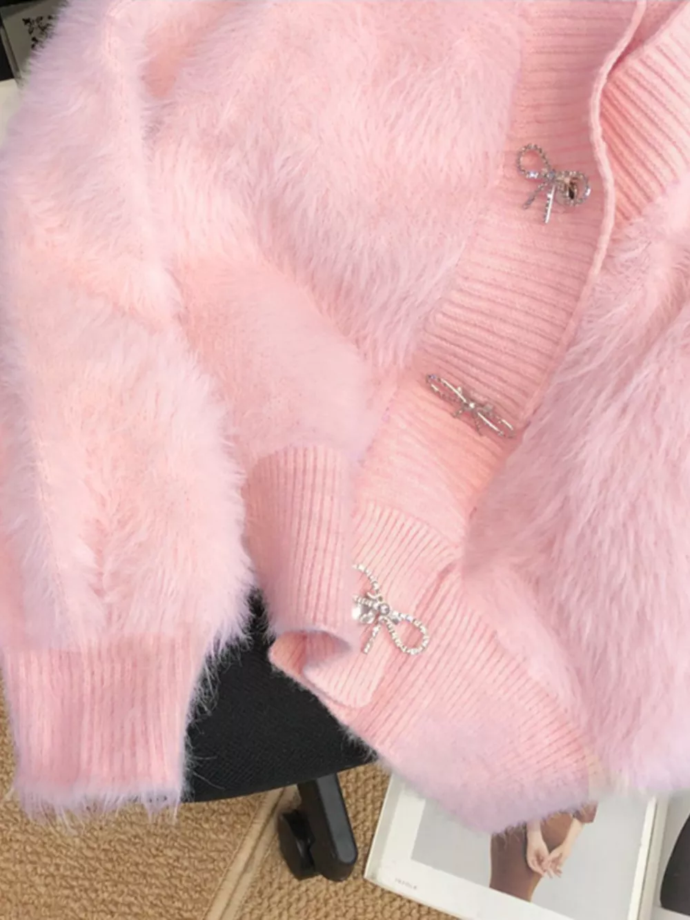 Fuzzy Bow Button Up Cardigan, image 11