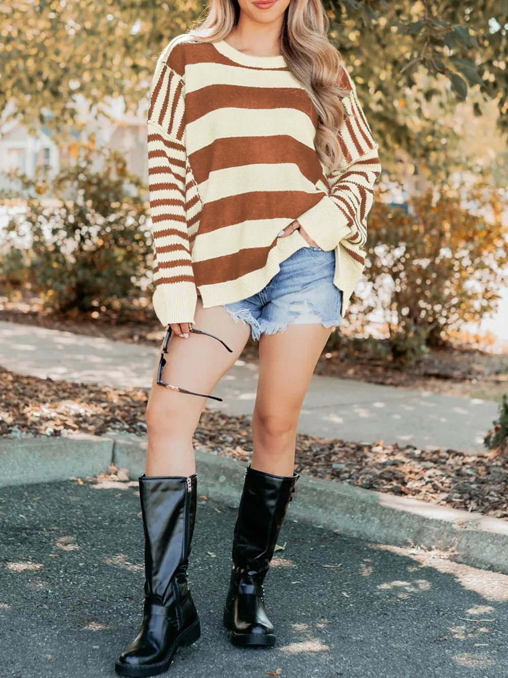 Stripe Drop Shoulder Sleeve Patchwork Baggy Sweater, image 3