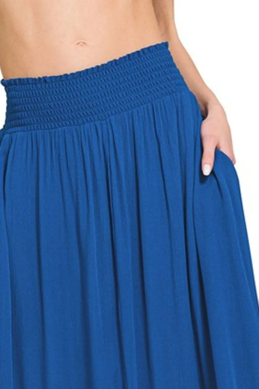 Woven Crinkle Smocked Waist Maxi Skirt W Pockets, image 3