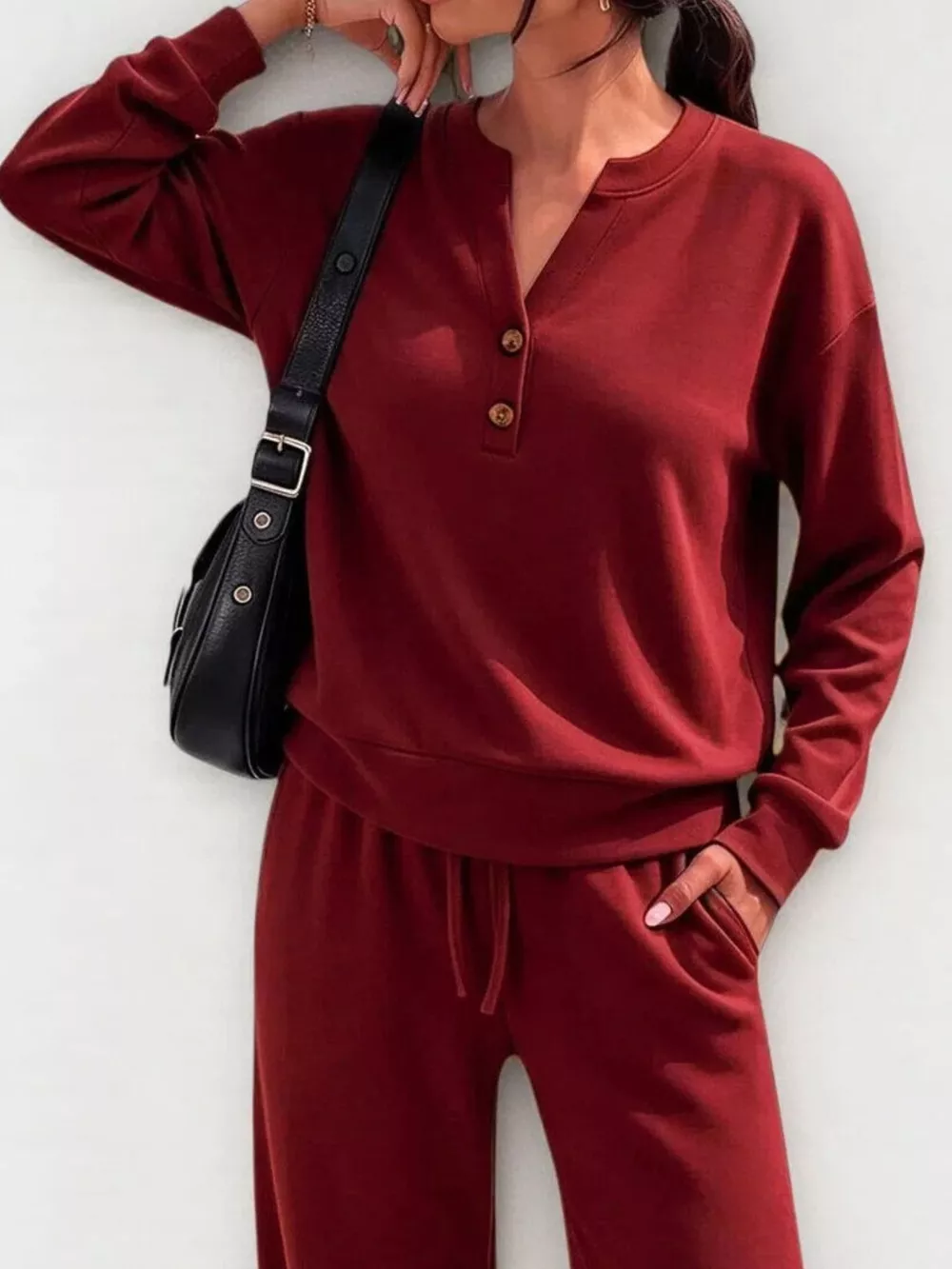Button Detail Dropped Shoulder Top and Pants Set, image 22