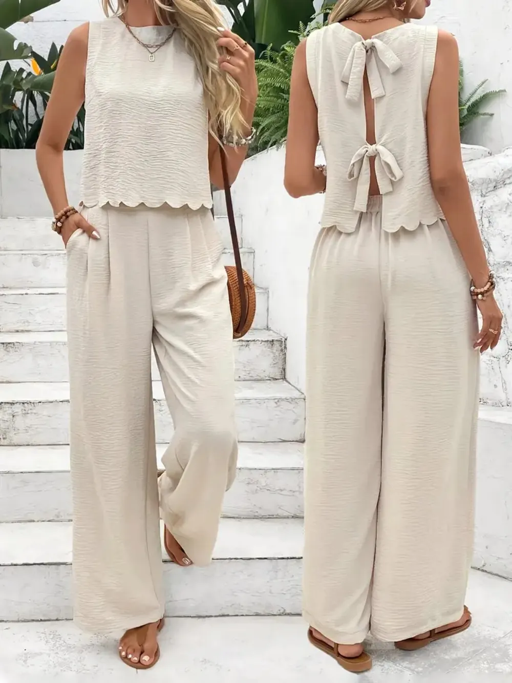 Tie Back Round Neck Top and Pants Set, image 7