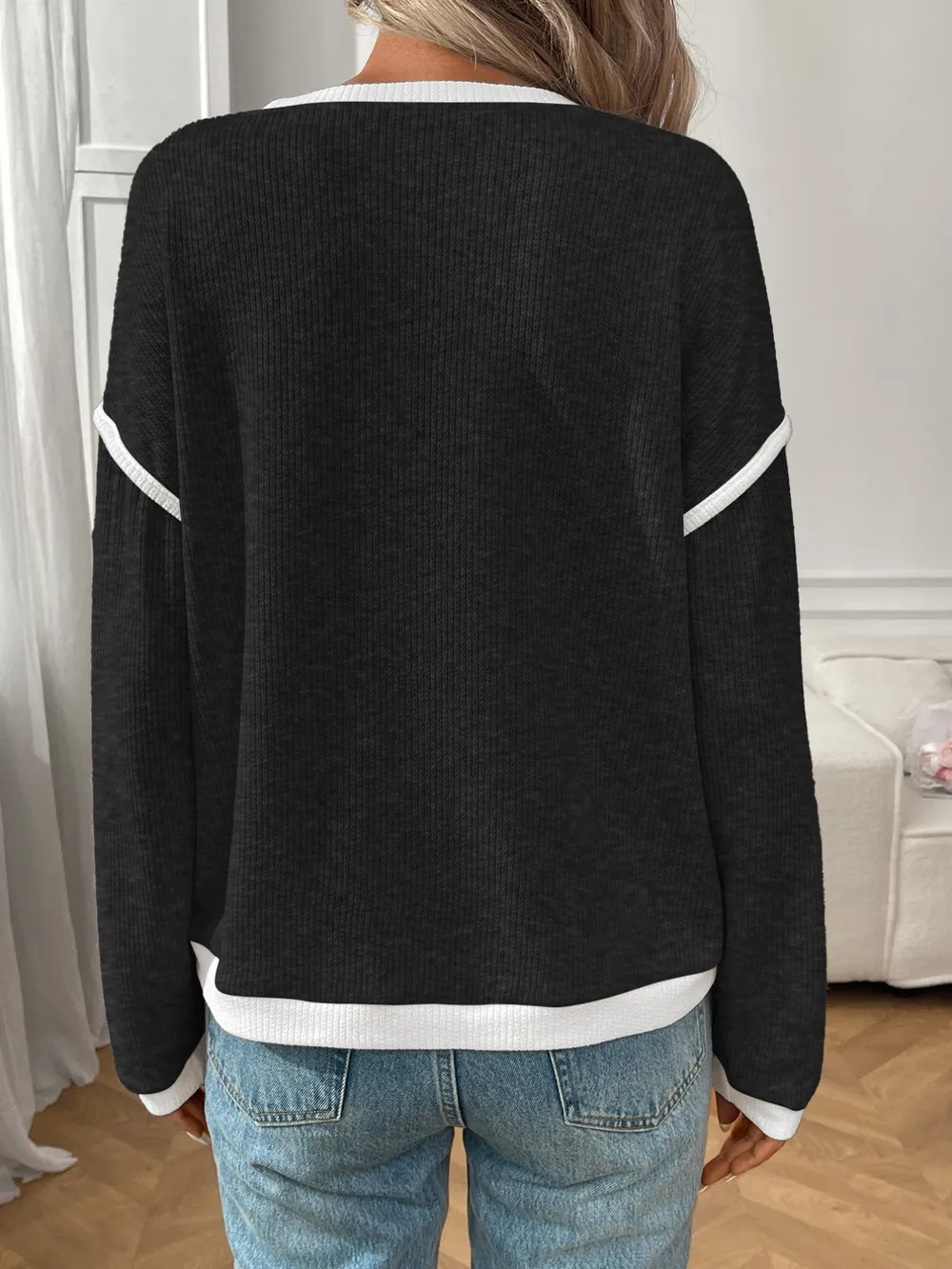 Ribbed Contrast Trim Long Sleeve Top, image 27