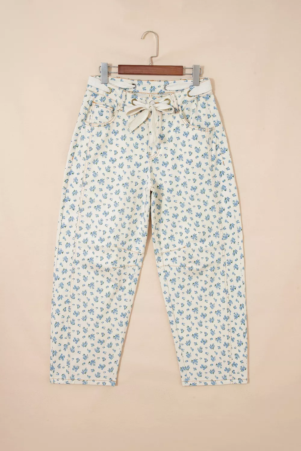 Grommet Knot Waist Floral Barrel Leg Jeans, image 3