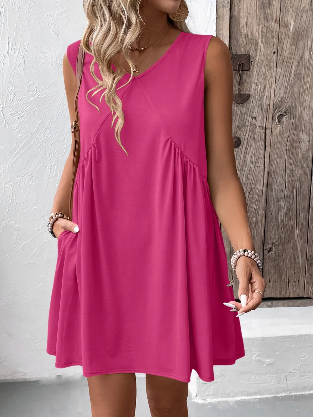 Ruched V-Neck Sleeveless Mini Dress, image 35