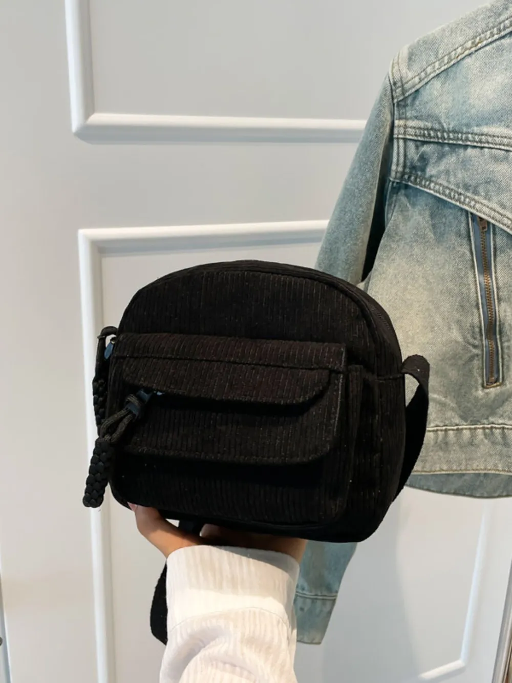 Corduroy Crossbody Bag with Adjustable Strap, image 9
