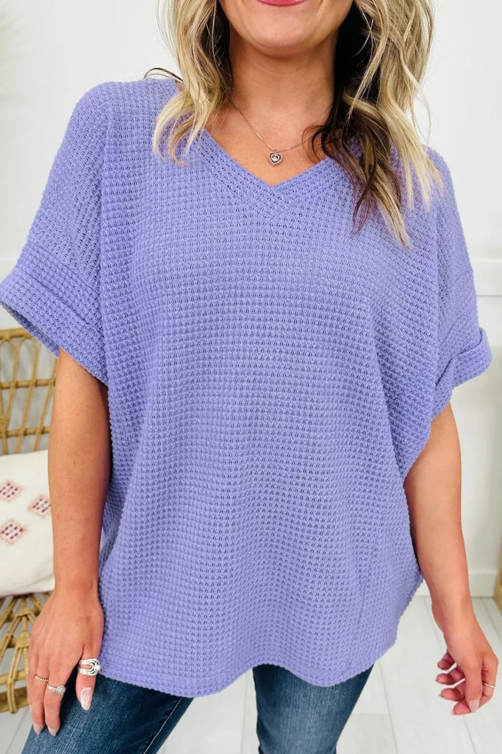 V Neck Short Sleeve Plus Size Waffle Knit Top, image 4