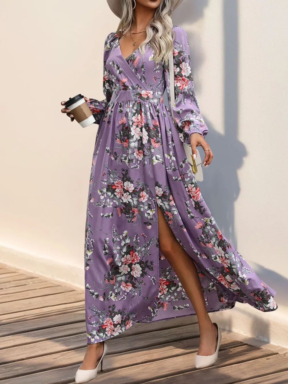 Slit Printed Surplice Long Sleeve Maxi Dress, image 8