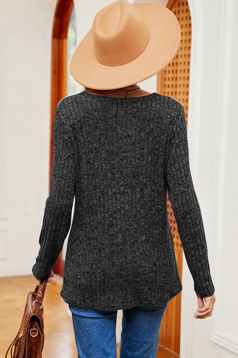 Eyelet Ribbed Round Neck Long Sleeve T-Shirt, image 8