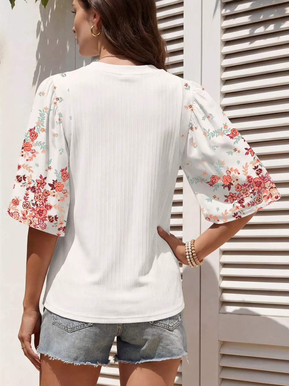 Ribbed Texture Floral Print Half Sleeve Patchwork Top, image 6