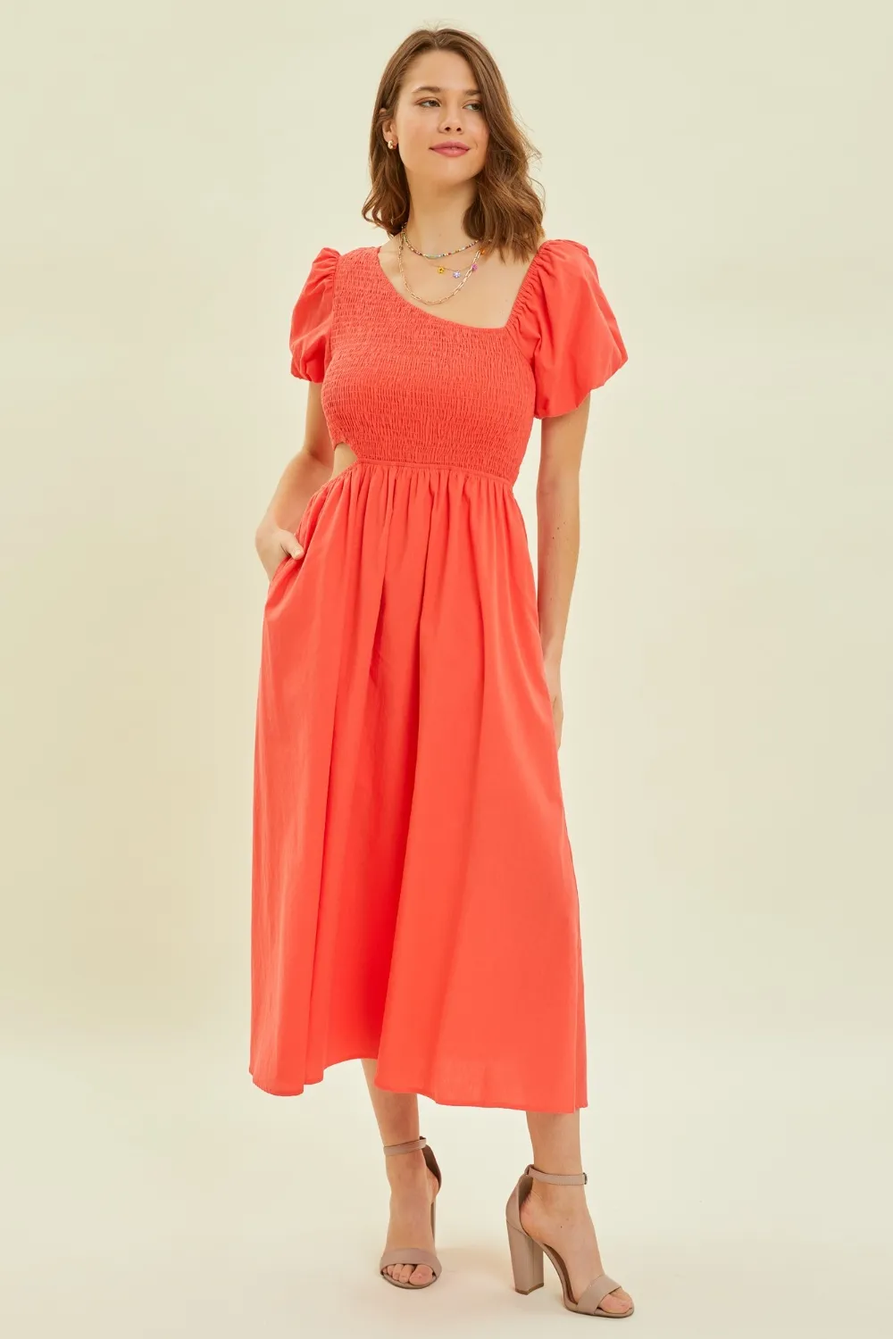 Smocked Cutout Midi Dress, image 3