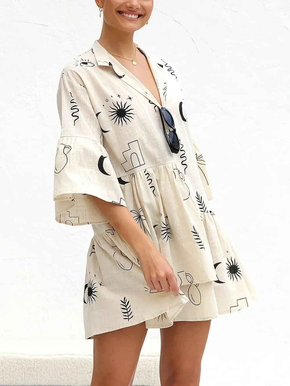 Printed Collared Neck Three-Quarter Sleeve Mini Dress, image 4