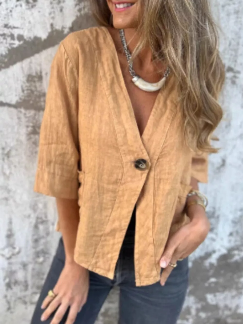 Full Size One Button V-Neck Shirt Plus Size, image 3