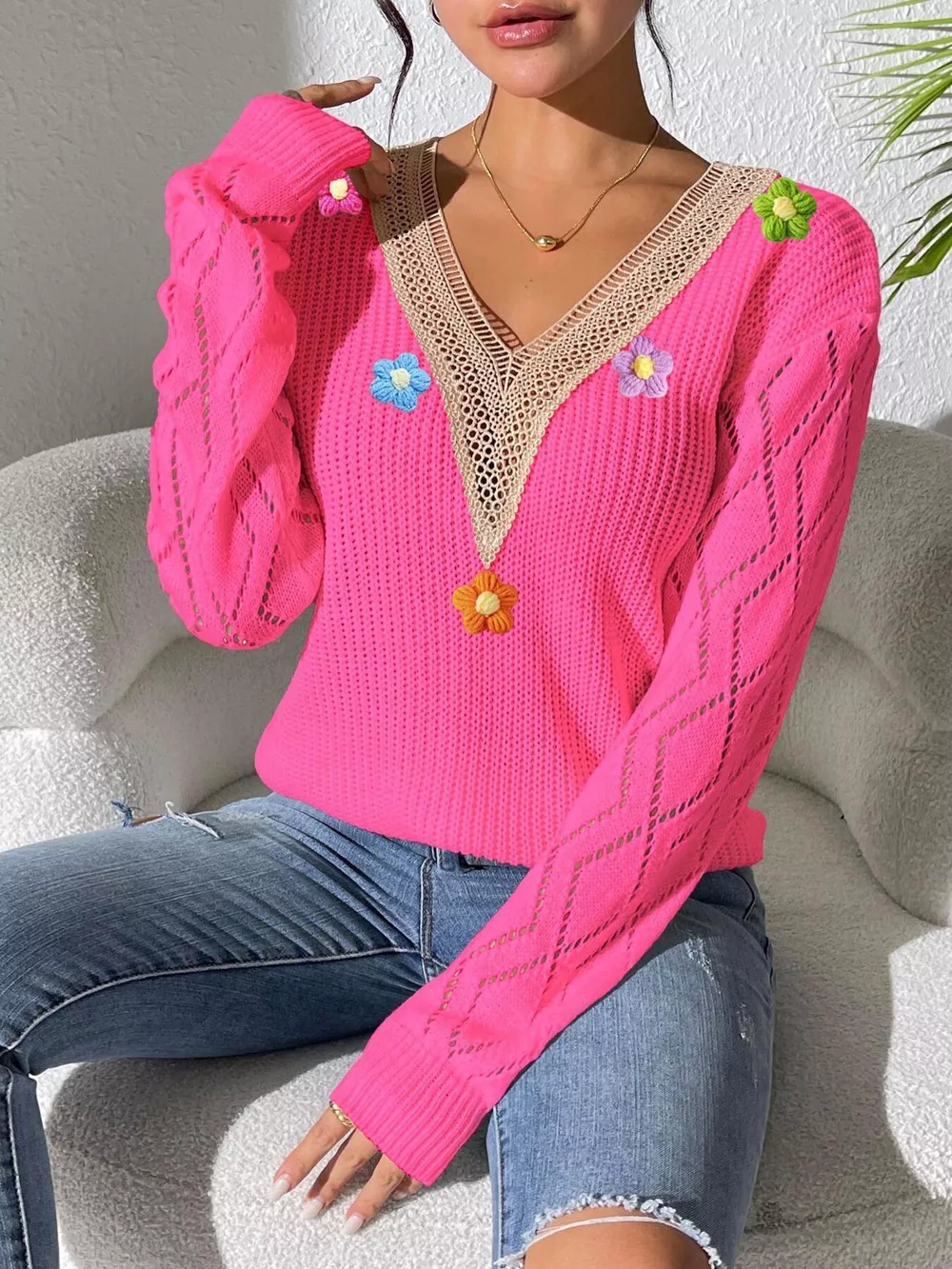 Floral Applique V-Neck Openwork Sweater, image 16