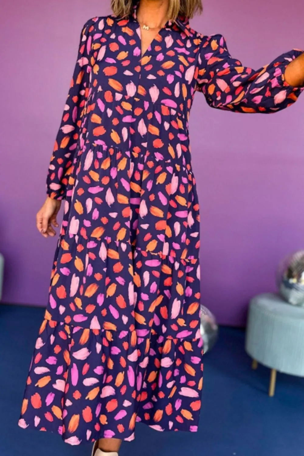 Printed Notched Long Sleeve Dress, image 5