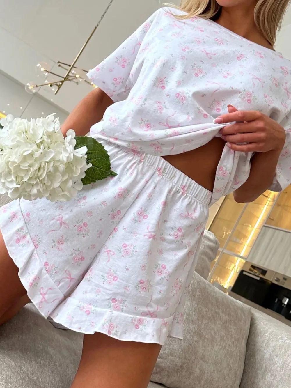 Floral Print Short Sleeve Top and Shorts Lounge Set, image 9