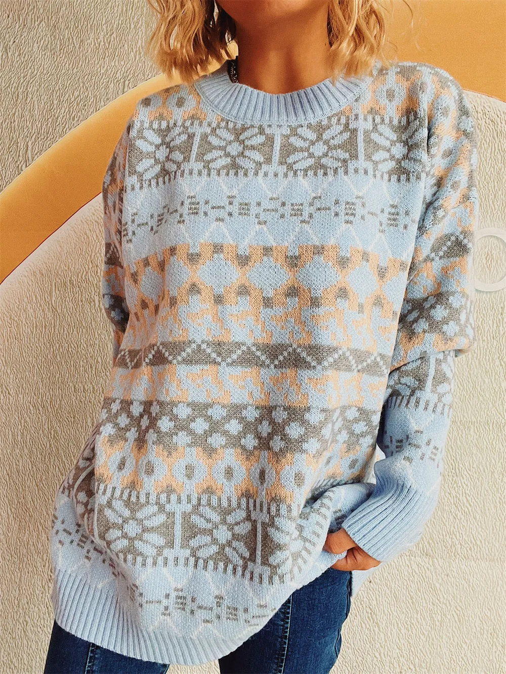 Geometric Round Neck Dropped Shoulder Sweater, image 8