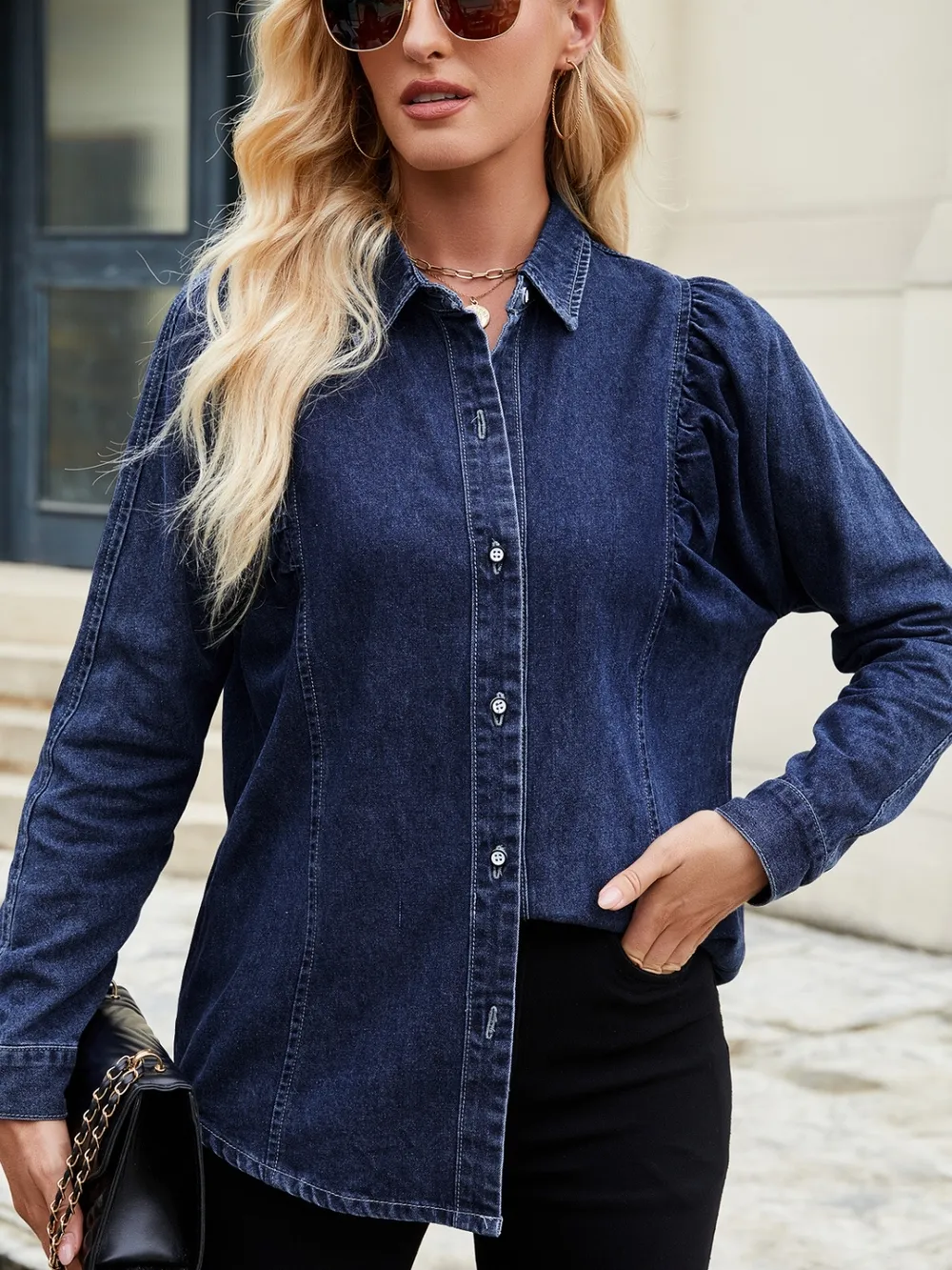 Button Down Collared Neck Denim Shirt, image 4