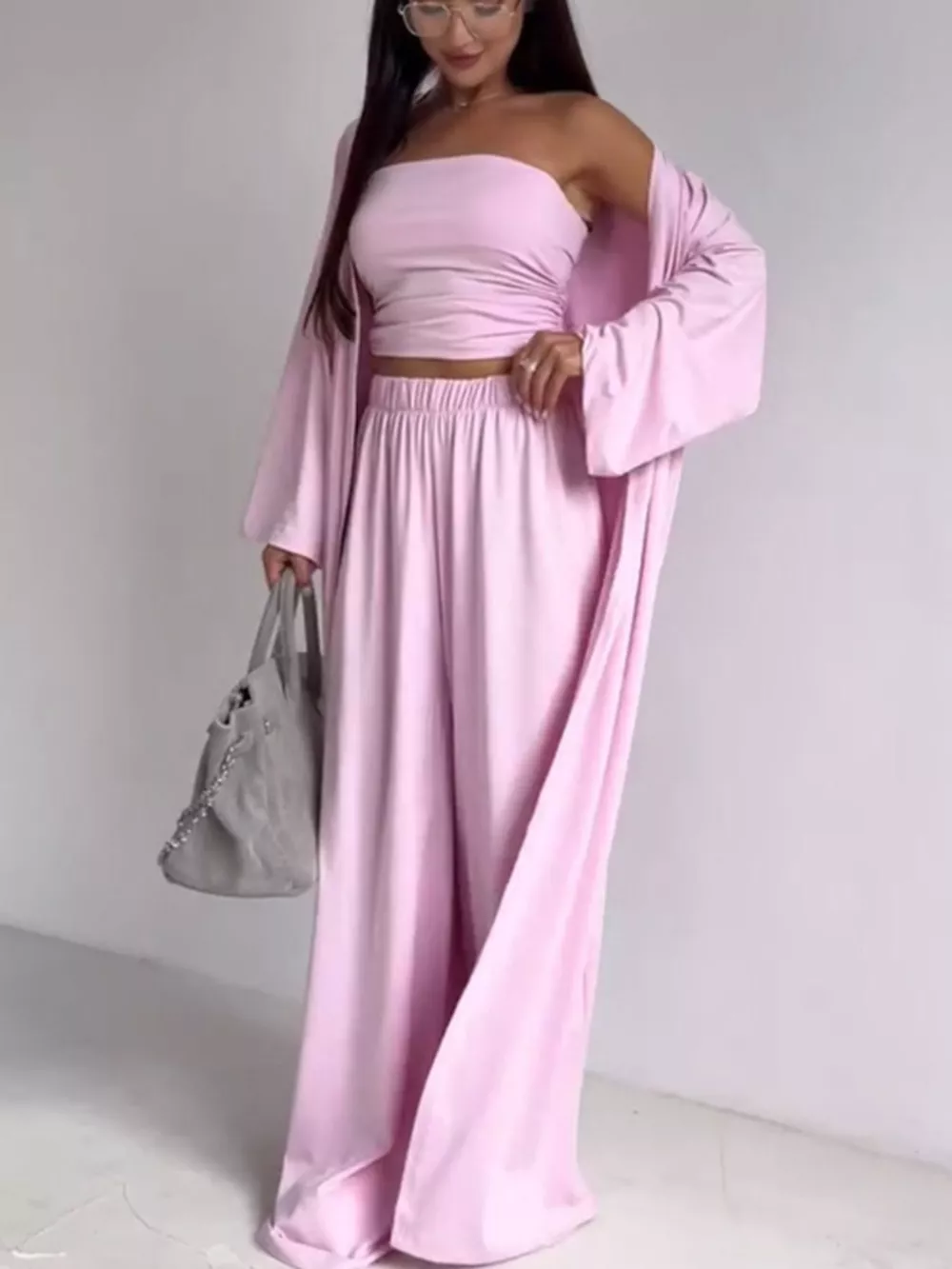 Tube Top & Cardigan & Wide Leg Pants 3-Piece Set, image 5