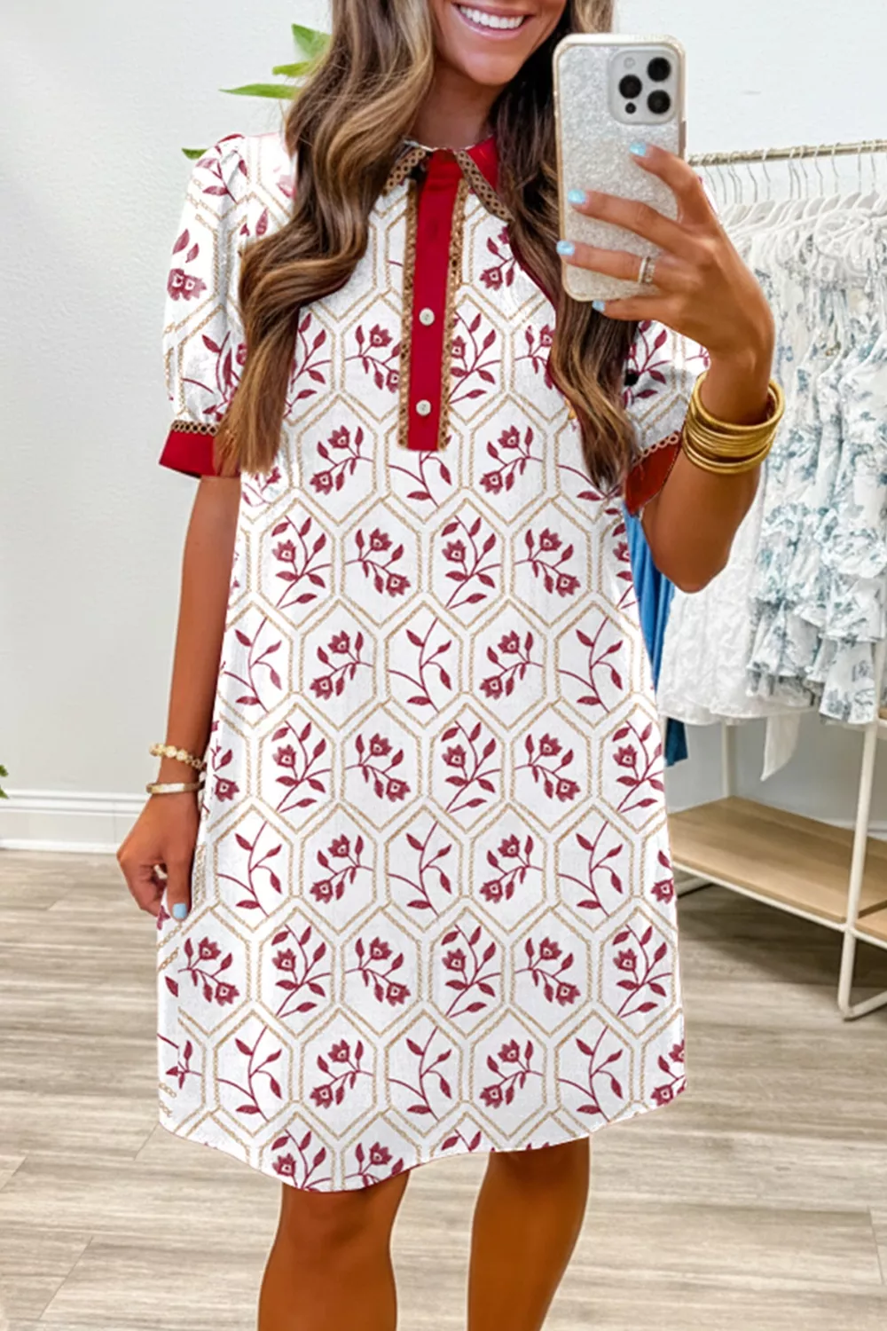 Contrast Trim Printed Short Sleeve Dress, image 5