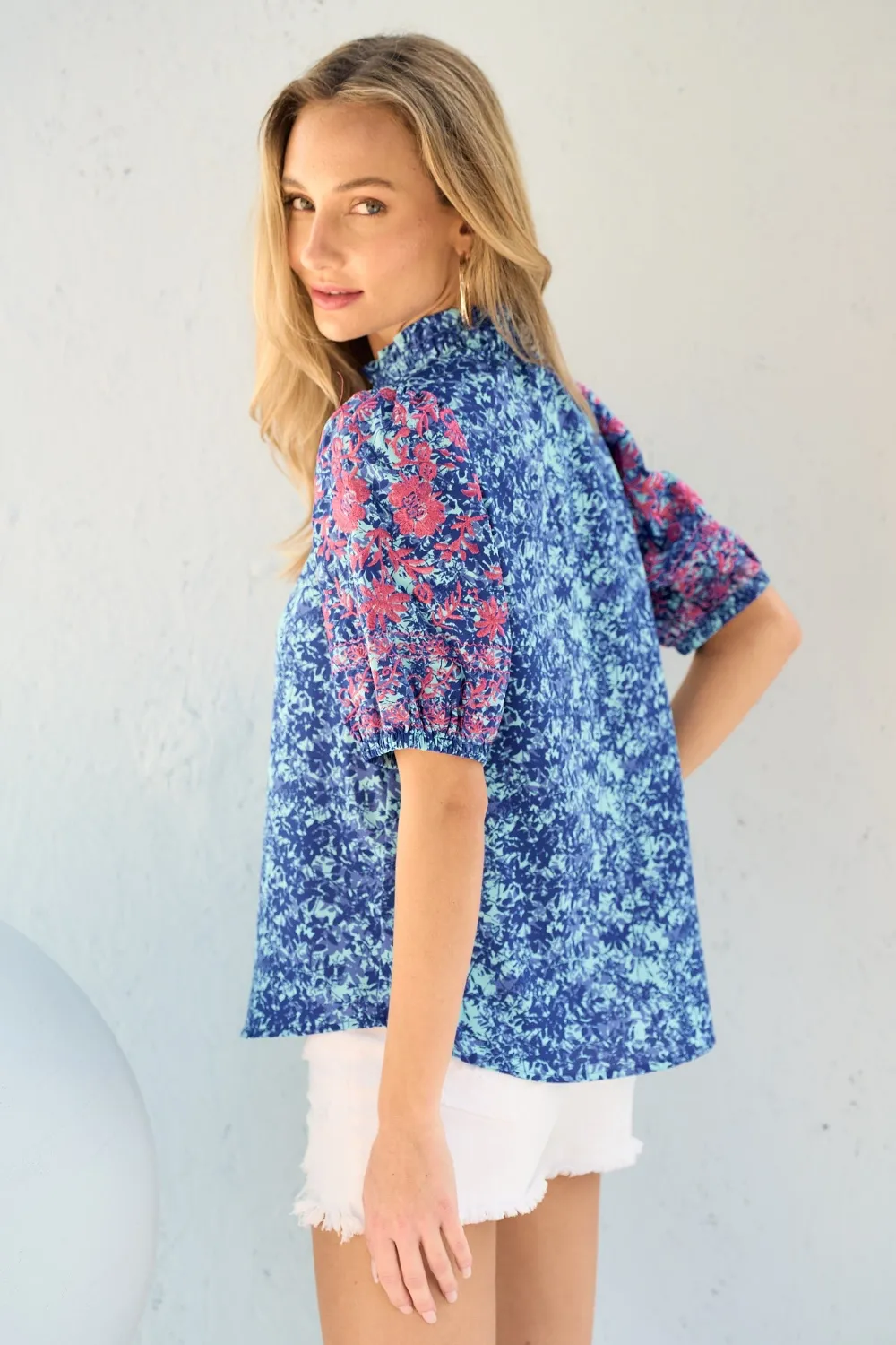 Embroidered Puff Sleeve Printed Blouse, image 2