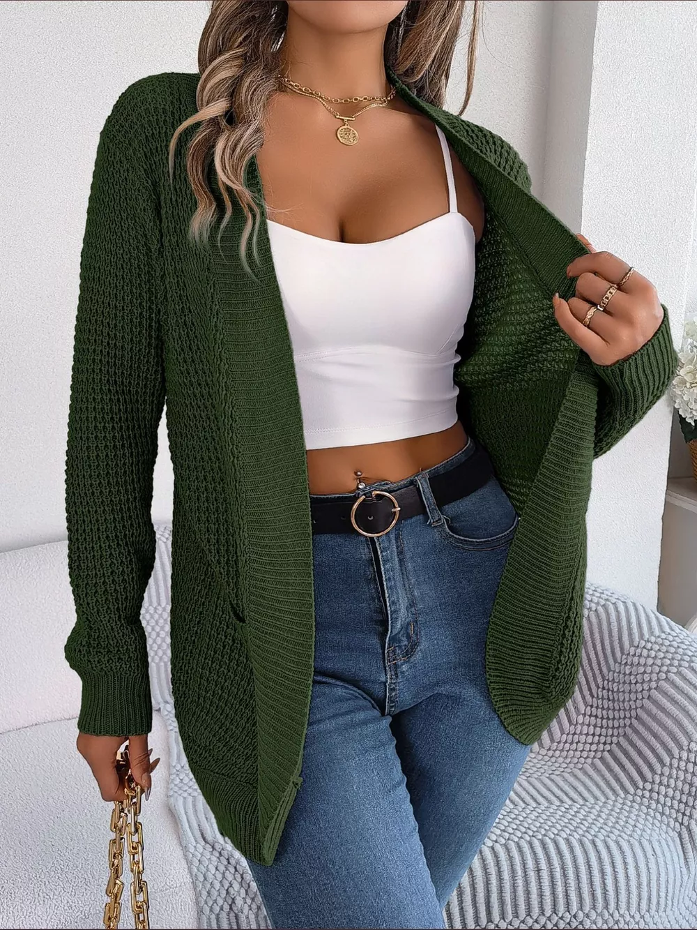 Chunky Knit Open Front Cardigan with Pockets, image 23