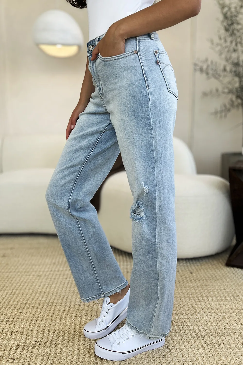Full Size High Waist Distressed Straight Jeans, image 10
