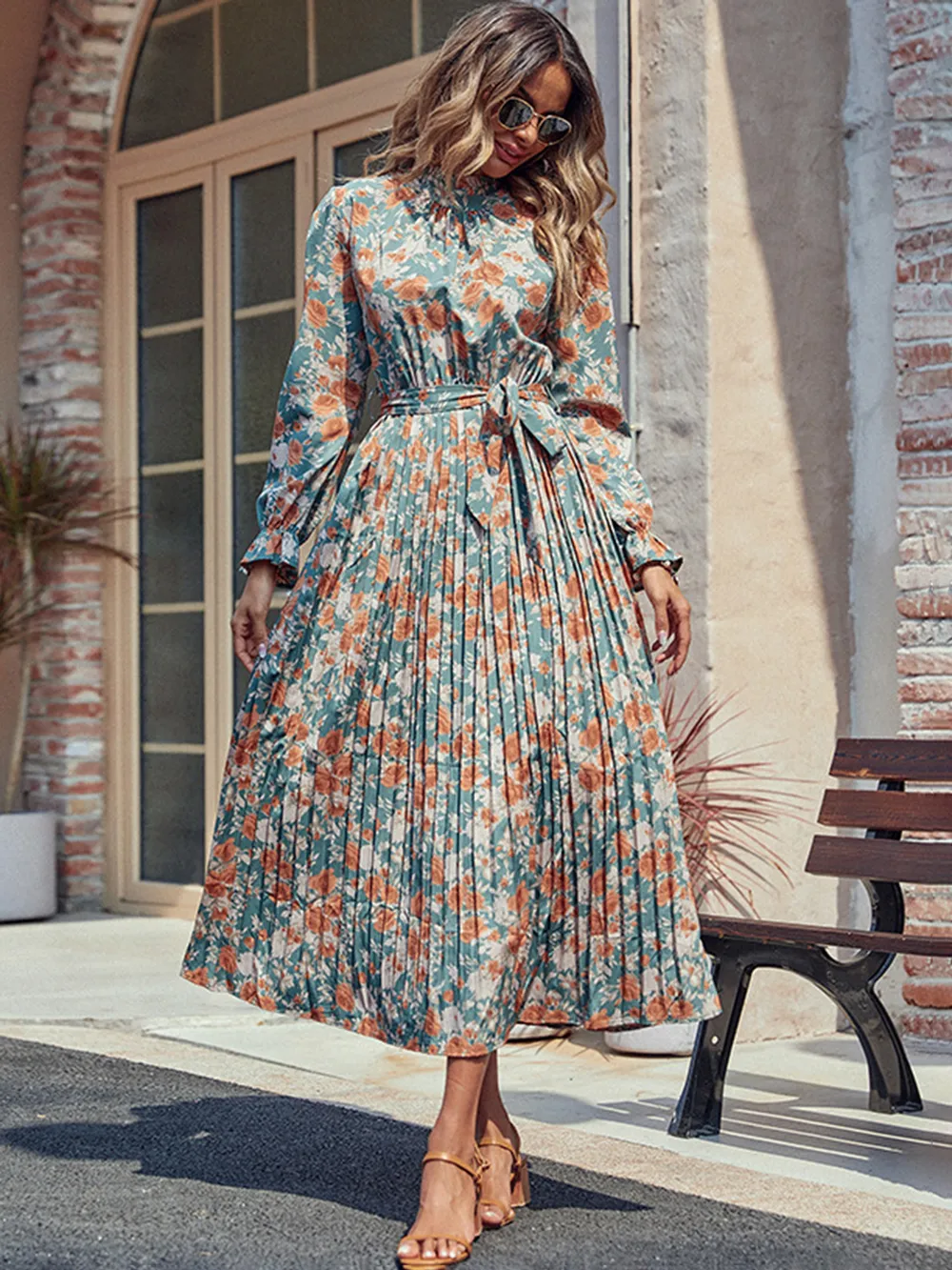 Tied Pleated Printed Mock Neck Long Sleeve Dress, image 8