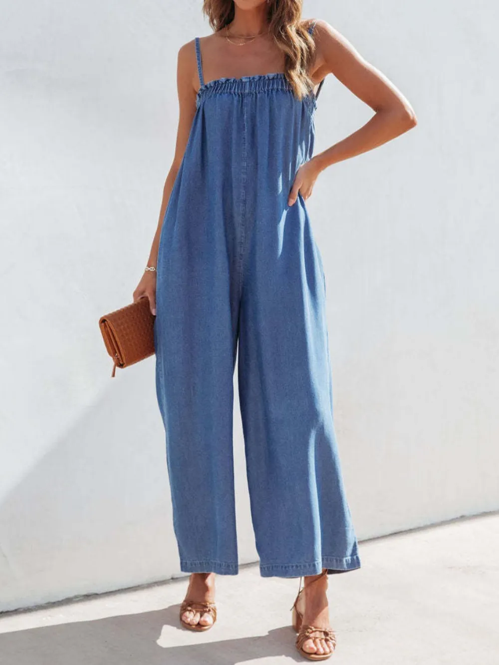 Spaghetti Strap Wide Leg Denim Jumpsuit, image 3