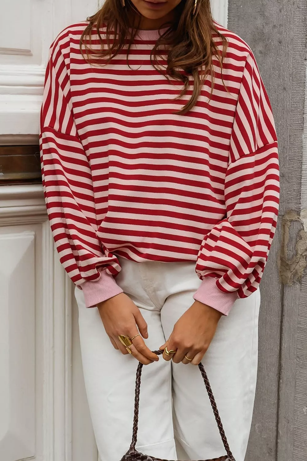 Cutout Back Striped Round Neck Sweatshirt, image 2