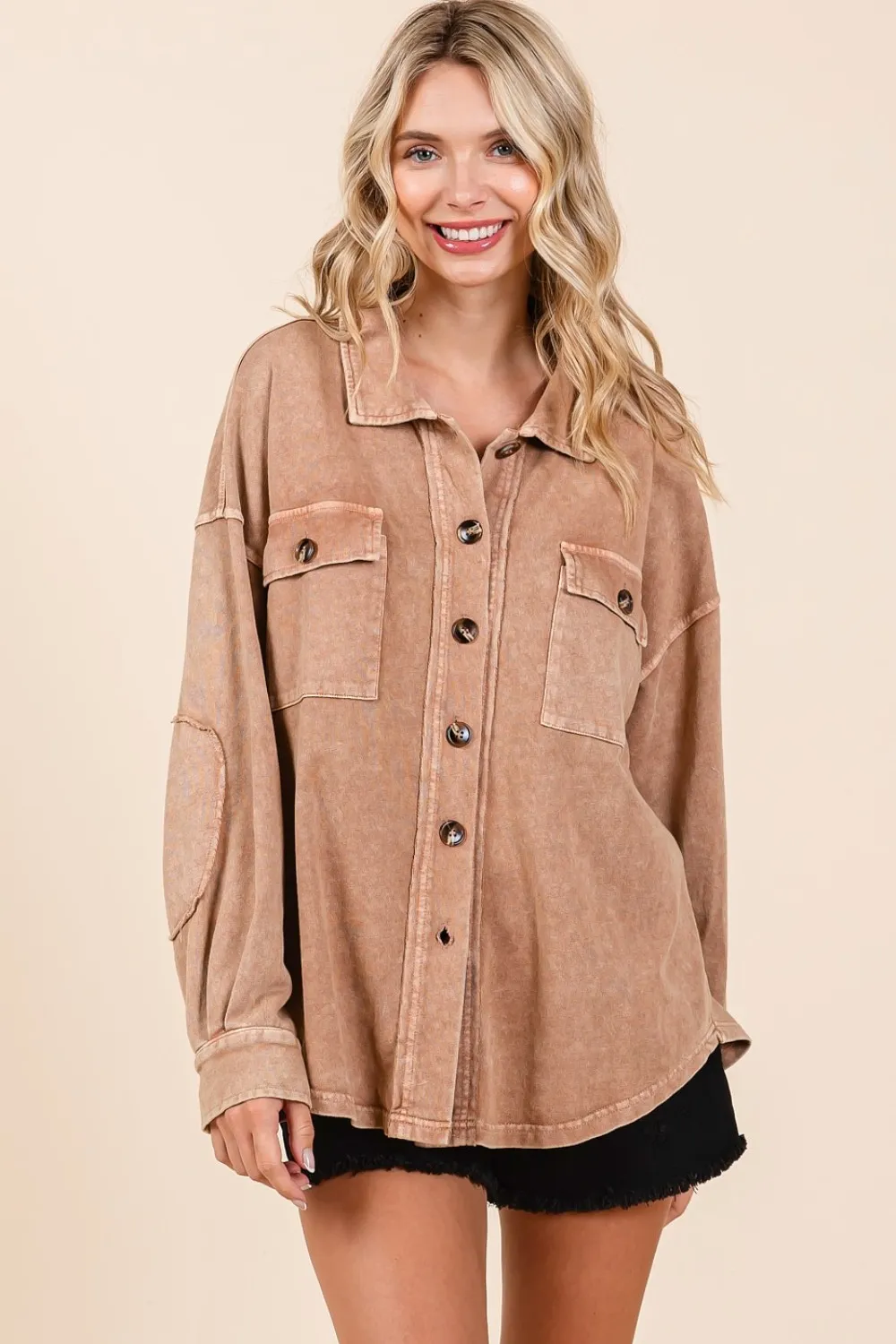 Mineral Wash French Terry Elbow Patch Shacket, image 4