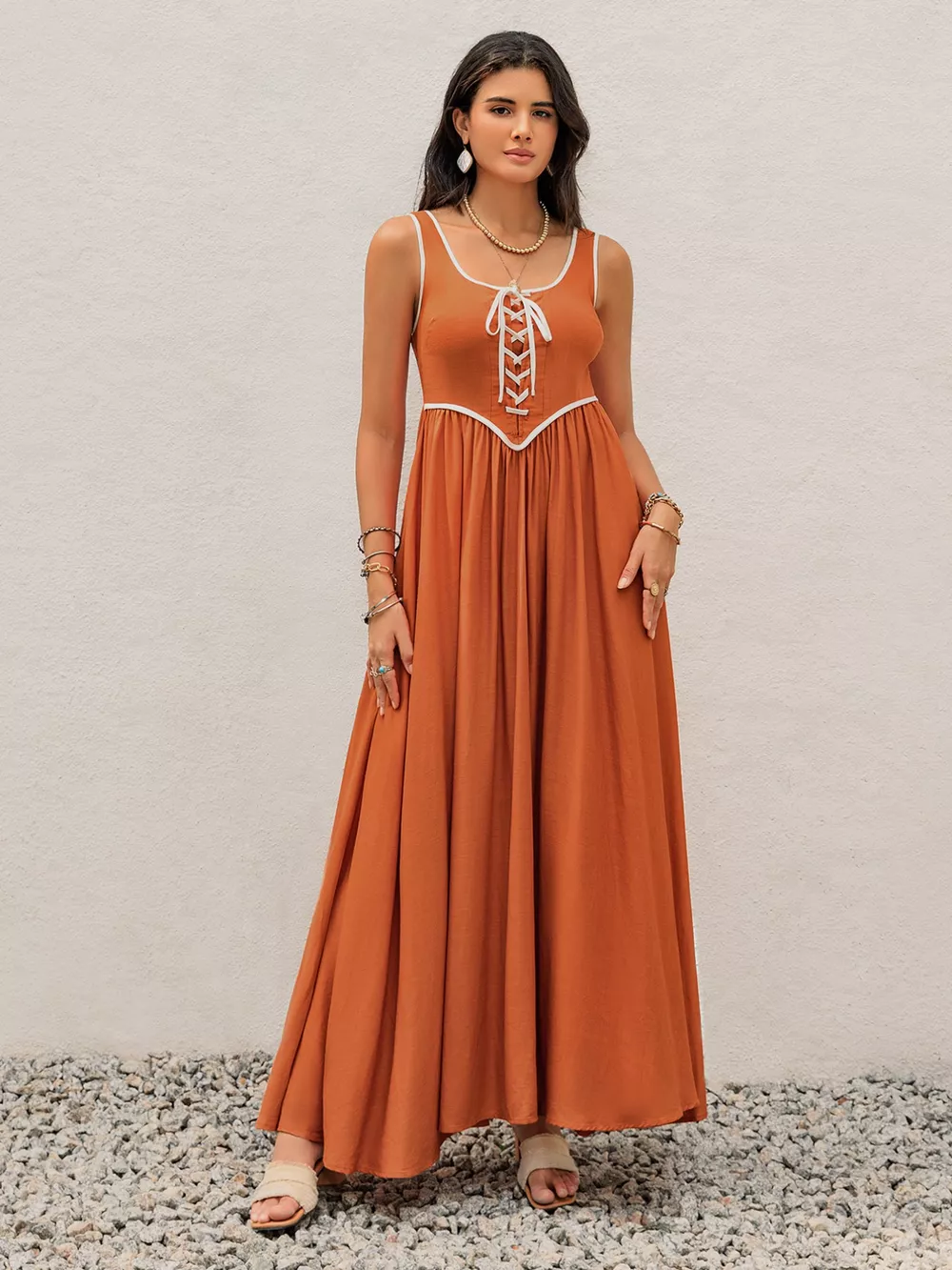 Contrast Trim Lace-Up Maxi Tank Dress, image 3