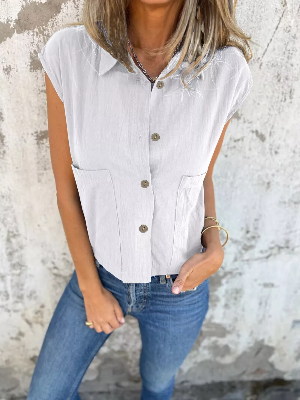 Button-Down Cap Sleeve Shirt, image 11