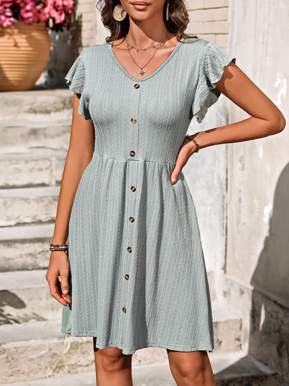 V-Neck Ruffled Cap Sleeve Dress, image 2
