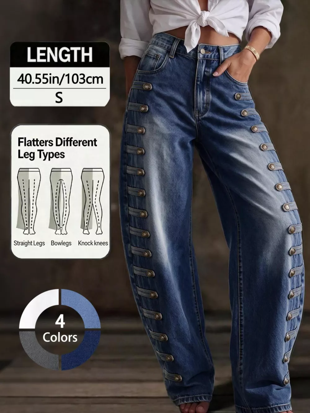 Decorative Button Wide Leg Jeans
